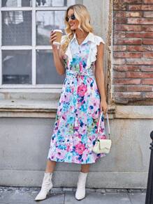 Aveloria Floral Print Ruffle Trim Button Front Shirt Dress With Belt - Multicolor - View 4