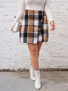Calvaya 大碼格紋印花前紐扣半身裙 - 咖啡棕 - 查看 4