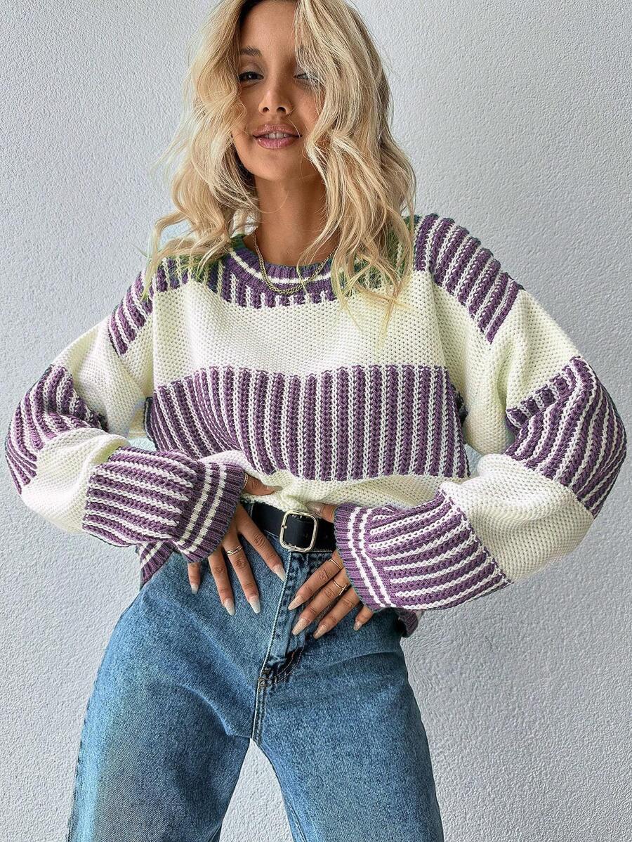 EURMUSE Striped Pattern Drop Shoulder Sweater - Purple - View 1