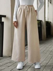 SHEIN LUNE Của phụ nữ Eo dây rút Quần ống rộng - Màu Khaki - Xem 4