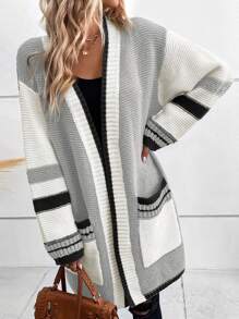 SHEIN Frenchy Mẫu sọc Túi Kép Thả vai Áo len Duster - Nhiều màu - Xem 1