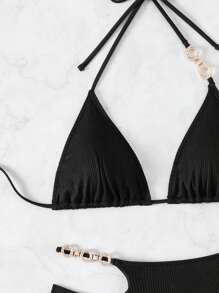 SHEIN Swim Ladies' Halter Bikini Set Summer Beach - Black - View 6