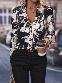 SHEIN Clasi 植物圖案前紐扣襯衫