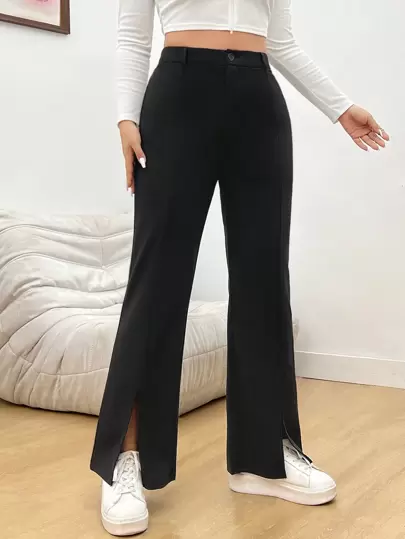 SHEIN EZwear 大碼高腰下擺開叉喇叭褲