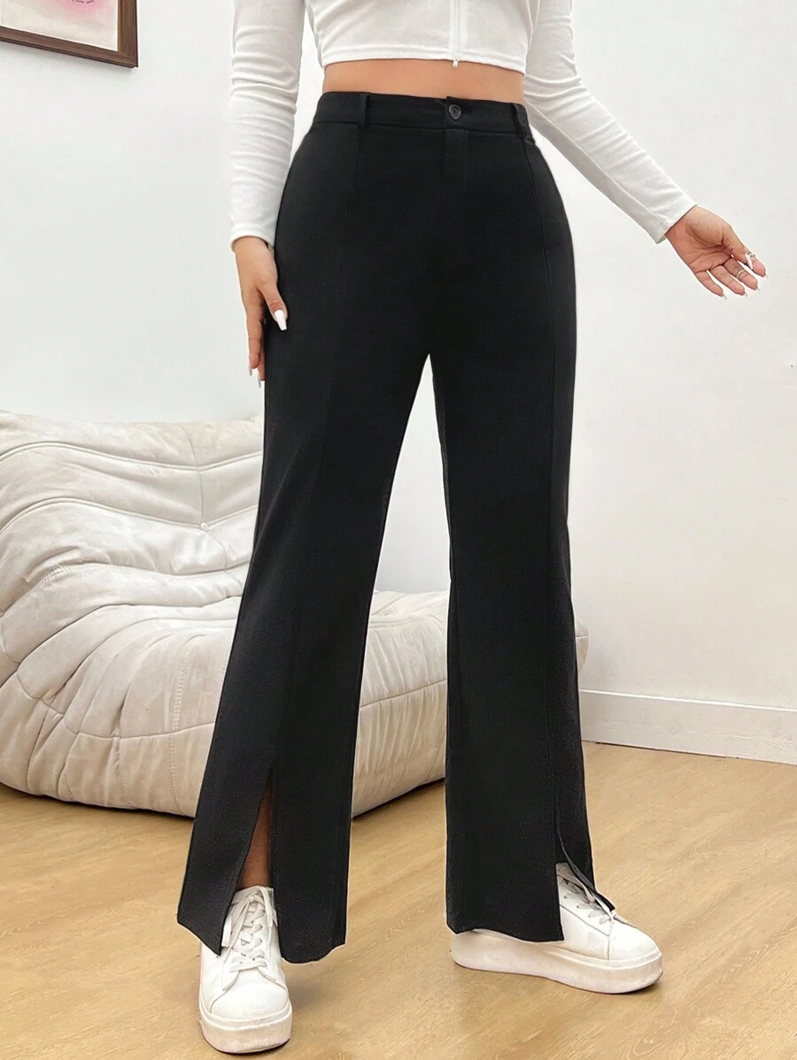 SHEIN EZwear 大碼高腰下擺開叉喇叭褲 - 黑色 - 查看 1