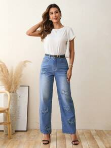 SHEIN LUNE Jeans de pierna recta con estampado de mariposa sin cinturón