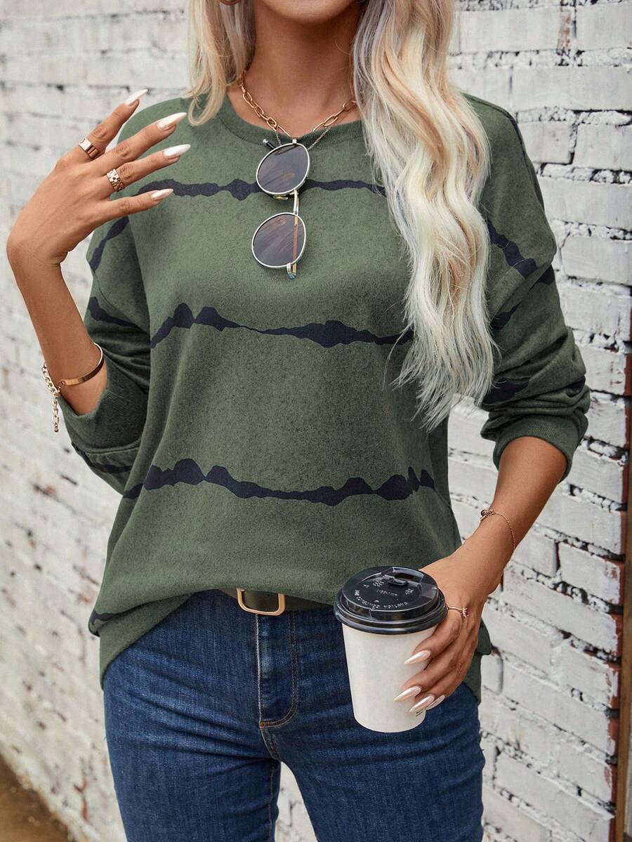 SHEIN LUNE Graphic Print Drop Shoulder Sweatshirt - Army Green - View 1