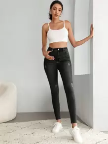 SHEIN Tall Jeans Skinny de Cintura Alta con Roturas, para Mujeres Altas - Negro - Ver 5