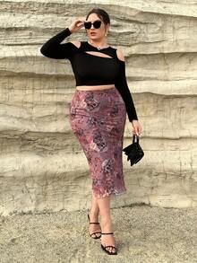 SHEIN Privé Plus Floral Print Pencil Skirt - Multicolor - View 4