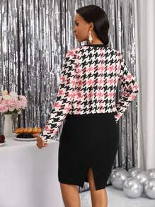 SHEIN Lady con estampado de pata de gallo Cazadora & Vestido ajustado - Multicolor - Ver 2