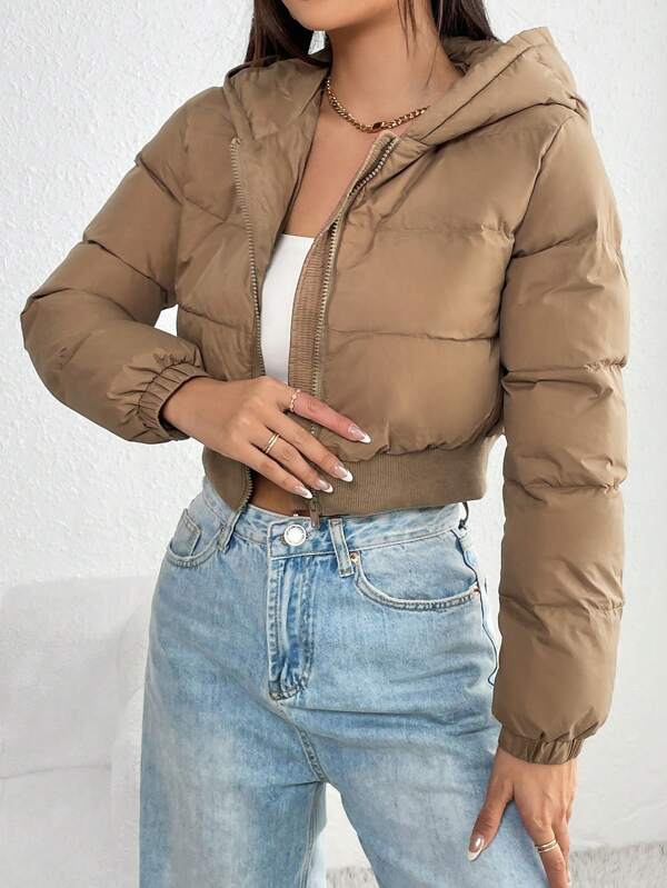 SHEIN PETITE Abrigo de invierno con capucha, con cierre de cremallera y color sólido, de uso casual