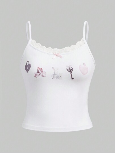 Kawaii 1 pieza Top de tirantes con estampado de dibujos animados ribete con encaje