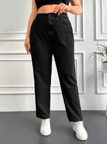 EURMUSE Quần Jeans Trơn Cạp Cao Size Lớn - màu đen - Xem 3