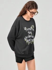 Forever 21 1pc Women's Drop Shoulder Sweatshirt With Slogan And Floral Print - Grey - View 4