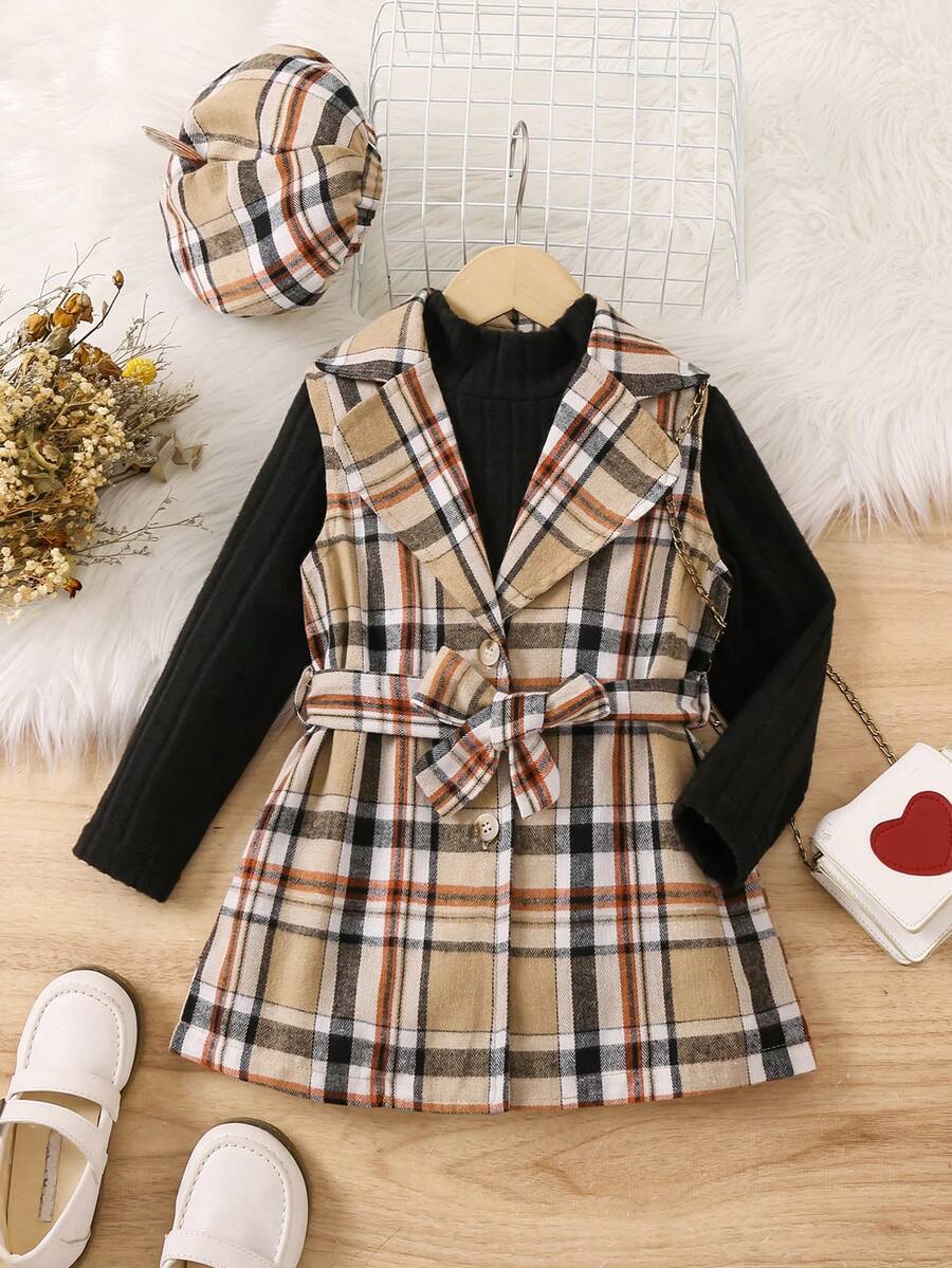 SHEIN 女小童格紋印花腰帶外套馬甲&T恤&帽