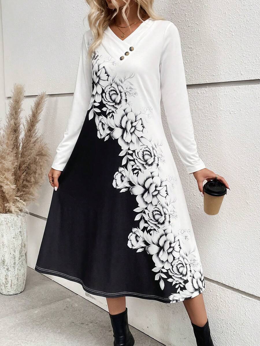 EMERY ROSE Floral Print Button Detail Dress - Black and White - View 1