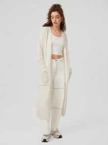 Forever 21 Của phụ nữ Màu thuần Dài Mở Mặt trước Áo len Mở Với Giường đôi tiêu chuẩn Túi Và Thả vai Thiết kế - Màu be - Xem 5