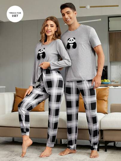 Tee-shirt De Sommeil Imprimé Panda Et Pantalon De Sommeil À Carreaux Pour Homme
