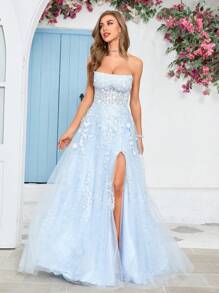 Split Thigh Sequin Mesh Tube Formal Dress Party Dress Wedding Guest Dress Evening Dress,Gown - 淺藍色 - 查看 1