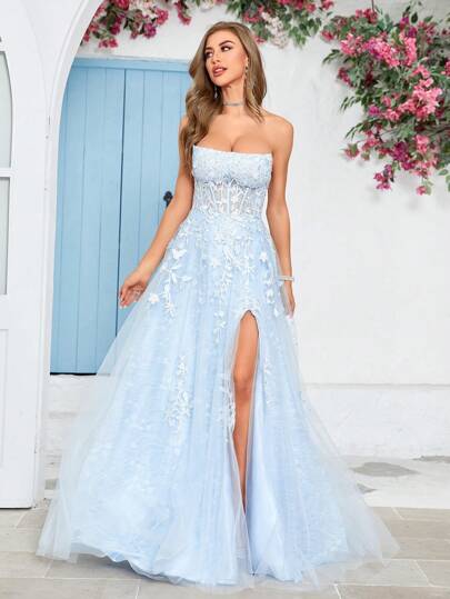 开叉大腿亮片网纱筒形礼服派对礼服婚礼宾客礼服晚礼服