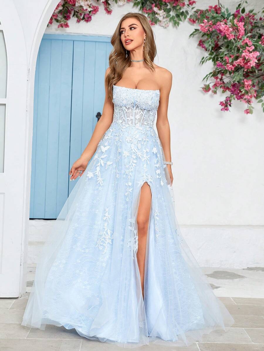 Split Thigh Sequin Mesh Tube Formal Dress Party Dress Wedding Guest Dress Evening Dress,Gown - 淺藍色 - 查看 1