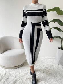 SHEIN Essnce Striped Pattern Mock Neck Sweater Dress - Black and White - View 5