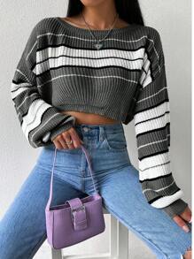 SHEIN Unity Striped Pattern Drop Shoulder Crop Sweater - Grey - View 5