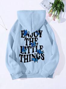 SHEIN EZwear Bản in hình khẩu hiệu & con bướm Túi kangaroo Dây rút Áo hoodie ấm áp - Màu xanh lam - Xem 1