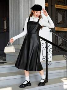 青少年女孩素色PU皮革背帶洋裝不帶T恤 - 黑色 - 查看 1