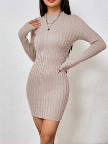 SHEIN Frenchy 小高領條紋針織毛衣洋裝 - 香檳色 - 查看 4