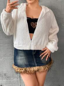 SHEIN Qutie Hơn Thiết kế tai 3D Dây kéo áo có mũ Áo Teddy Jackets - trắng - Xem 5