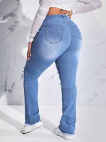 CovetEZ Plus Ripped Raw Hem Skinny Jeans - Light Wash - View 2