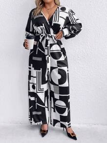 SHEIN Clasi Plus Geo Print Lantern Sleeve Belted Wide Leg Jumpsuit - Black and White - View 4