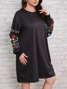 SHEIN LUNE Plus Floral Print Drop Shoulder Sweatshirt Dress - Black - View 8