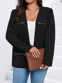 SHEIN LUNE 大碼拉鏈細節開門襟外套 - 黑色 - 查看 5