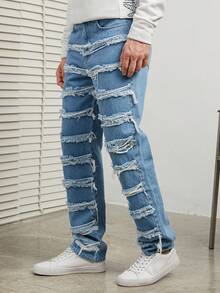 RueChic Men's Frayed Edge Zipper Waist Jeans - Blue - View 3