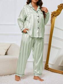 Plus Striped Jacquard Contrast Piping Satin Top & Pants PJ Set, Pajama Set, Fall Winter Clothes