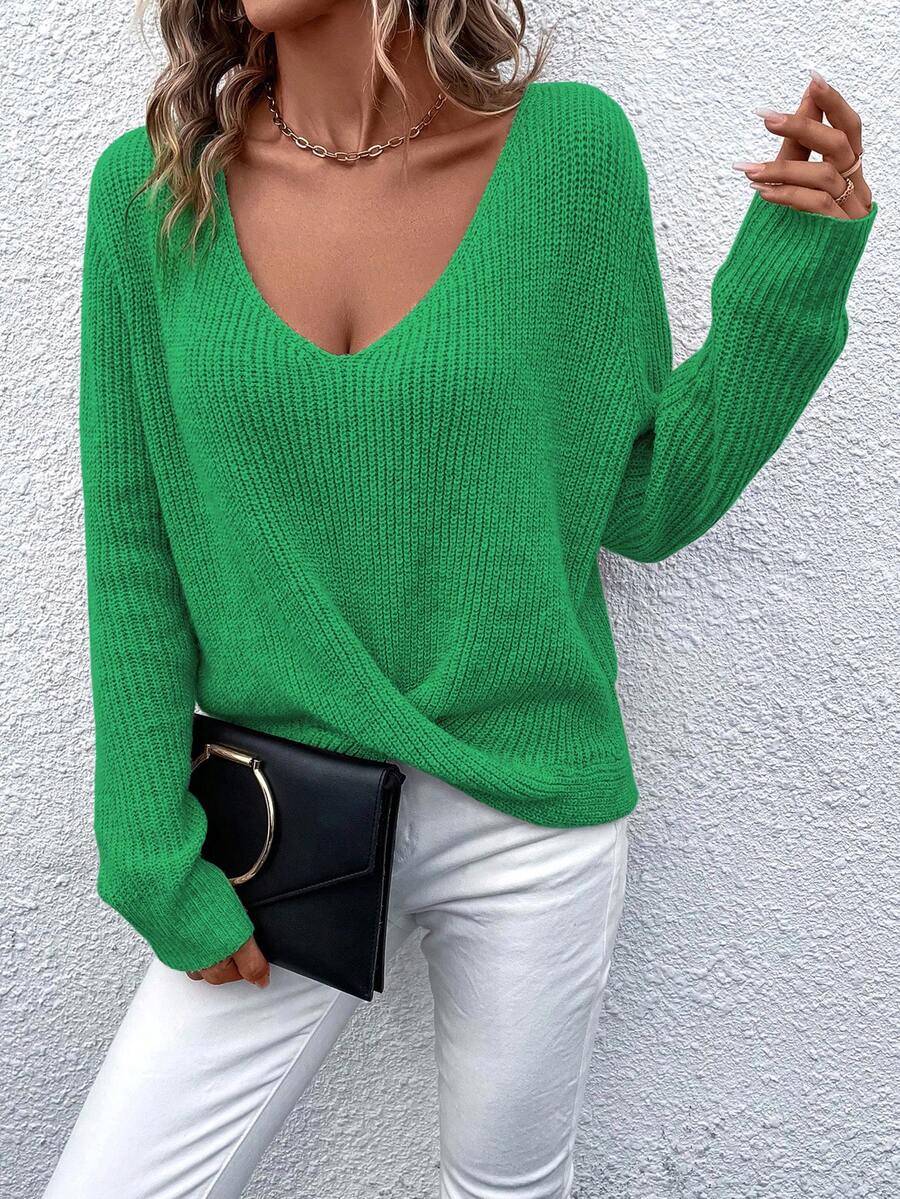SHEIN LUNE Solid Color Wrap Cross Hem Sweater - Green - View 1