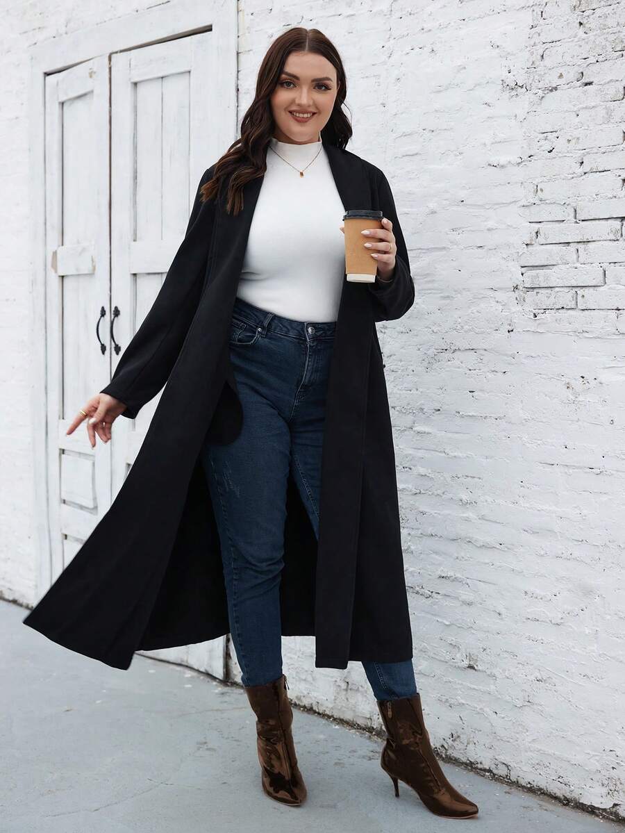 SHEIN LUNE Plus Shawl Collar Overcoat - Black - View 1