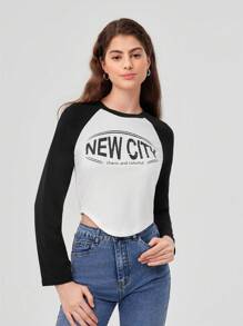 Forever 21 Women's Raglan Sleeve T-shirt With Letter Print - Black and White - View 3