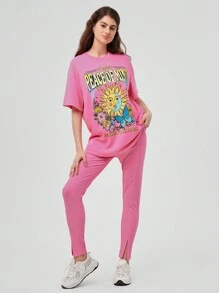 Forever 21 太陽和文字印刷下垂肩t恤和緊身褲套裝 - 粉色 - 查看 5