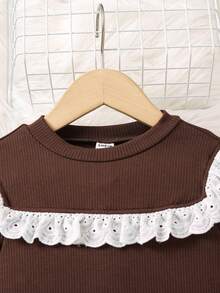 SHEIN Young Girl Eyelet Embroidery Ruffle Trim Tee & Flare Leg Pants - Brown - View 3