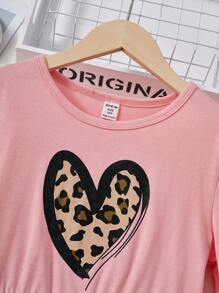 SHEIN Vestido de manga larga para niña preadolescente con estampado de leopardo y forma de corazón en la unión de patrones - Multicolor - Ver 6