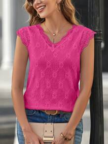 SHEIN Clasi 蕾絲拼接罩袖貝殼邊T恤 - 玫紅色 - 查看 1