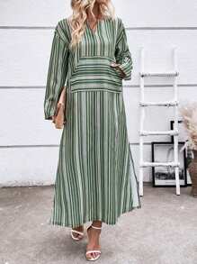 Breezaya Striped Print Split Thigh Dress Fall Cloth For Women - Mint Green - View 3