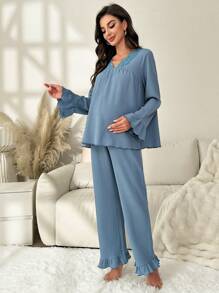 SHEIN Maternity Lace Patchwork Pajamas For Mother - Dusty Blue - View 5
