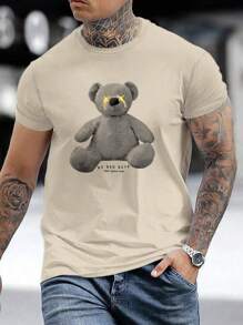 Men Bear & Slogan Graphic Tee - Khaki - View 1