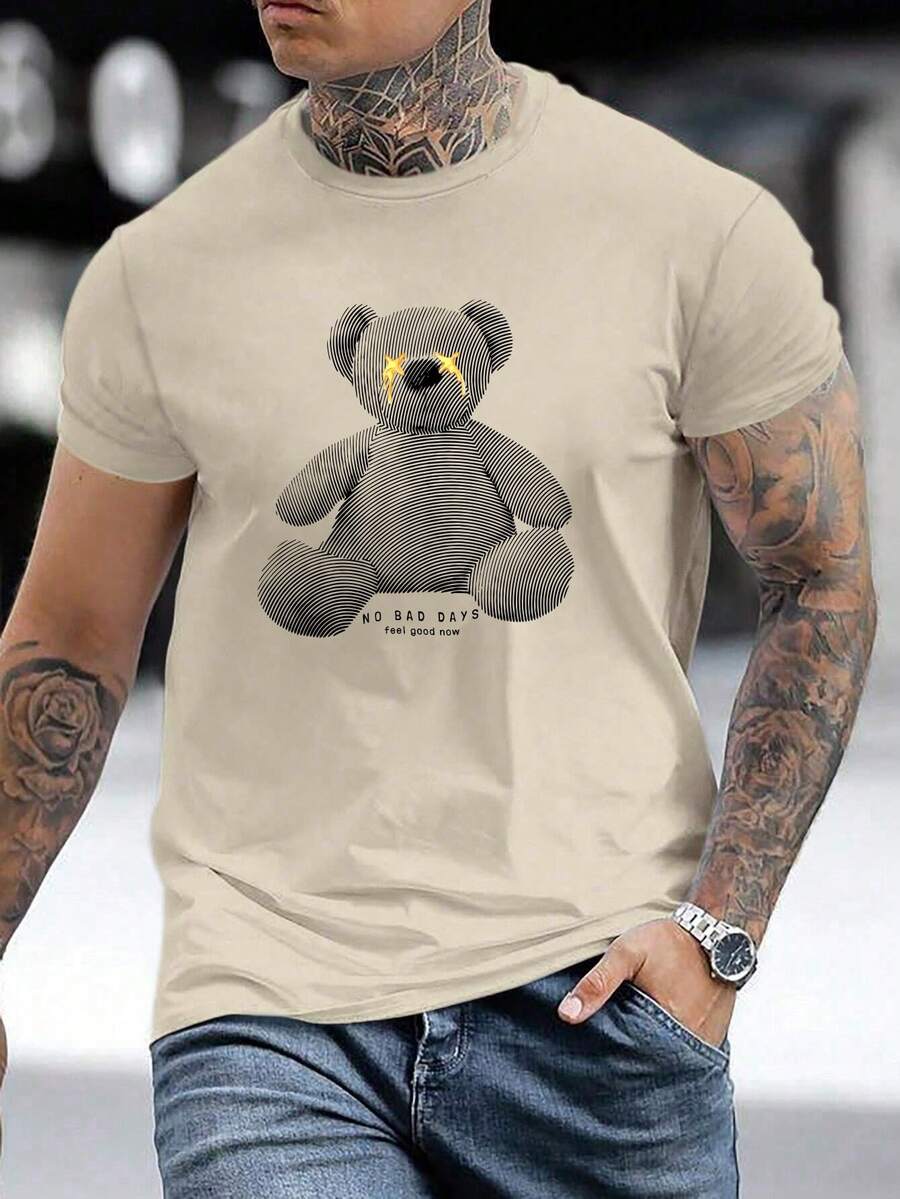 Men Bear & Slogan Graphic Tee - Khaki - View 1