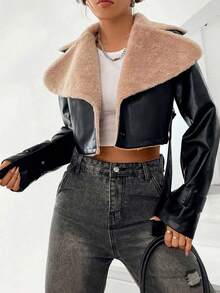 SHEIN Unity Borg Collar Teddy Lined Crop PU Leather Jacket - Black - View 4