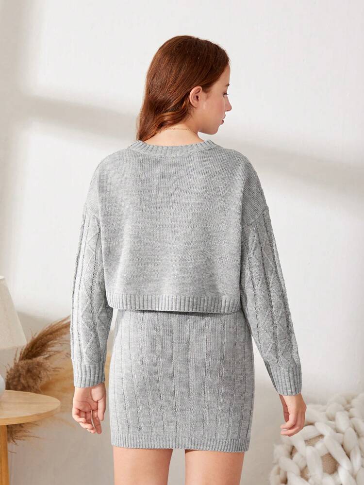 Teen Girl Cable Knit Drop Shoulder Sweater & Knit Skirt